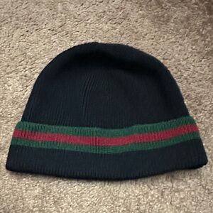 Gucci Black Knit Hat with Green and Red Stripes